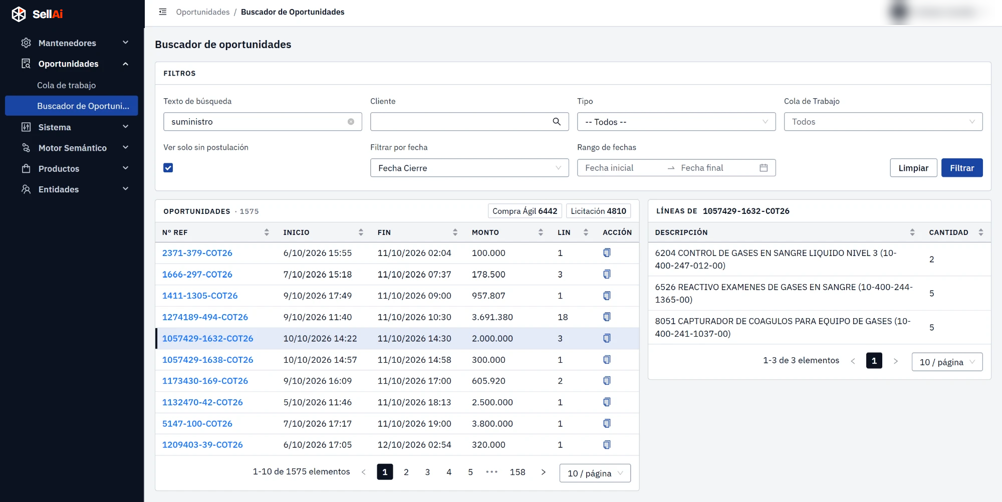 El buscador de oportunidades de SellAi: filtros por texto, organismo, tipo, cola y fechas; la tabla de resultados con montos y número de líneas; y el detalle de las líneas de la oportunidad seleccionada.