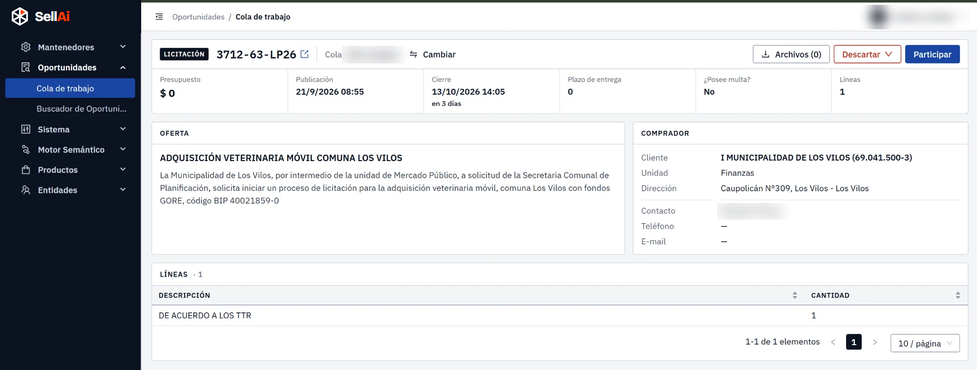 La pantalla de Cola de Trabajo de SellAi, con una licitación abierta: presupuesto, plazos, la descripción de la oferta, los datos del organismo comprador y las líneas solicitadas.